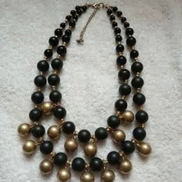 Jewelry - Vintage Necklace Black Gold Double Strand Matte Bead Statement Bib 18-20"